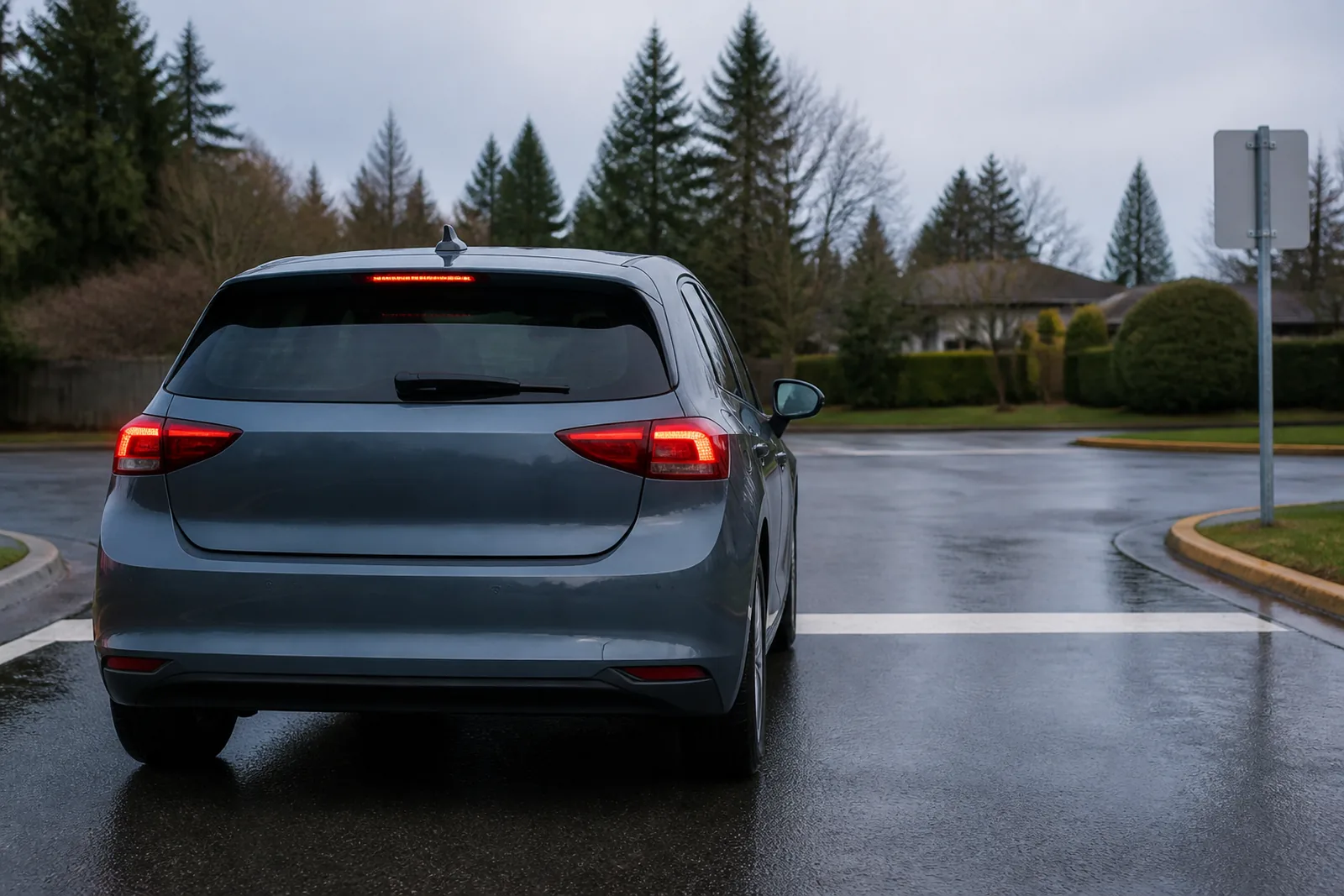 A plain compact hatchback carrying no badges, stopped at a painted stop line on a wet suburban road, seen low and from behind with the crossing road empty.