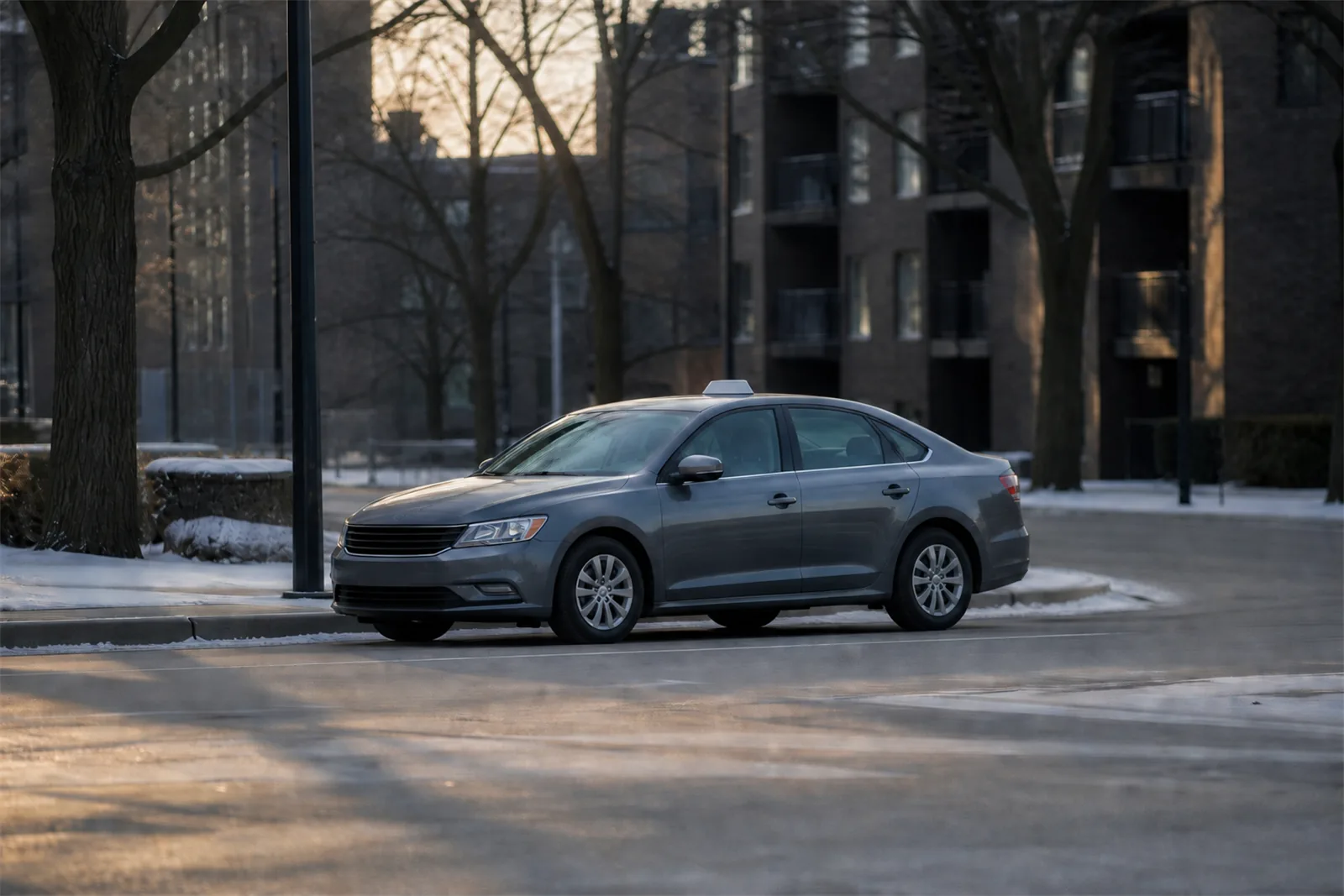 A plain sedan with an unmarked roof light waiting at a city curb in winter, seen from across a quiet intersection with apartment blocks in silhouette behind it.