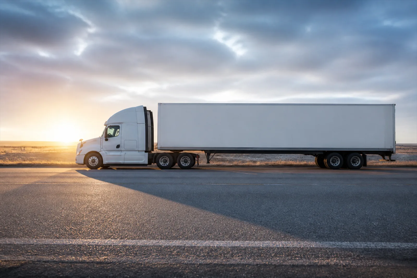 An unmarked tractor trailer in profile from a low angle on a prairie highway shoulder at first light, casting a long shadow across the road.