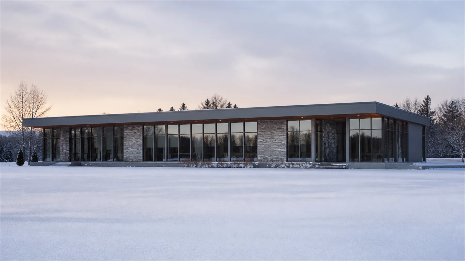 A low single storey public building with a flat roof and tall windows, seen across an empty snow covered car park at first light, carrying no signage.