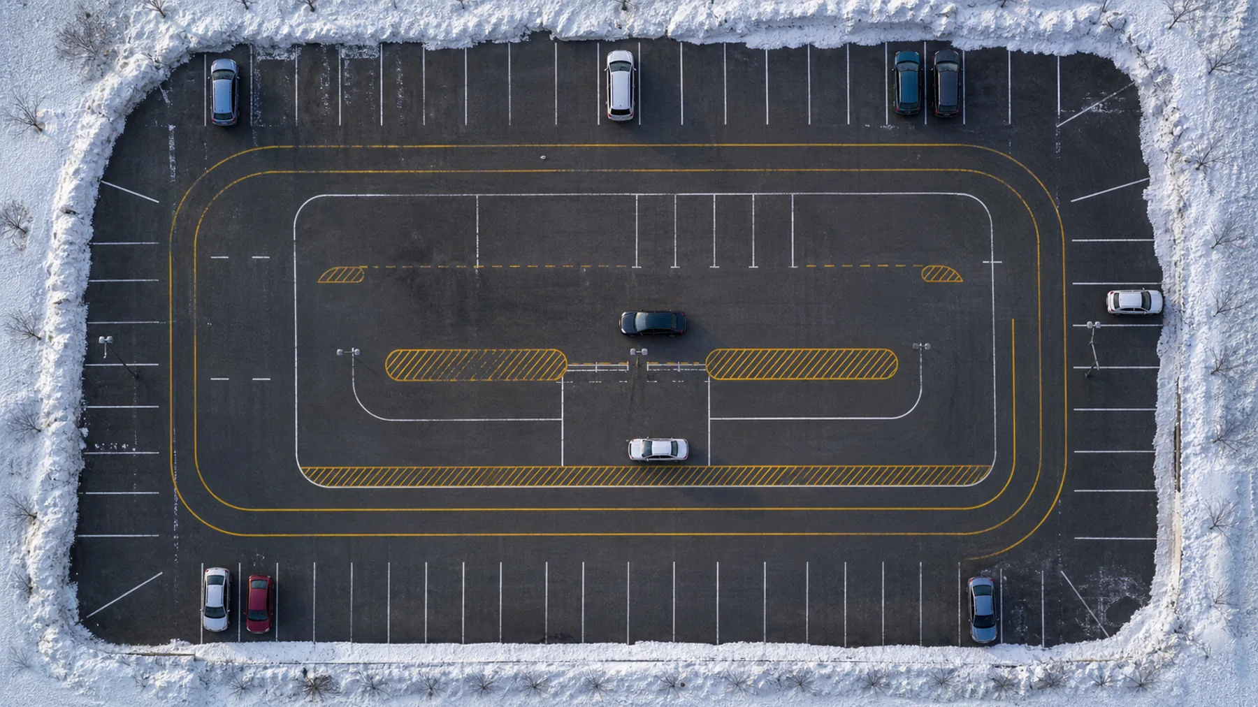 A car park seen straight down from above in winter, painted bays and marked practice lanes clear of snow, with snow pushed into ridges at the edges.