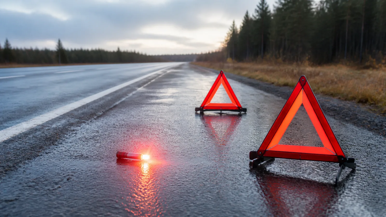 An empty highway shoulder with warning triangles and a single flare set out on wet asphalt, no vehicles and no damage anywhere in view.