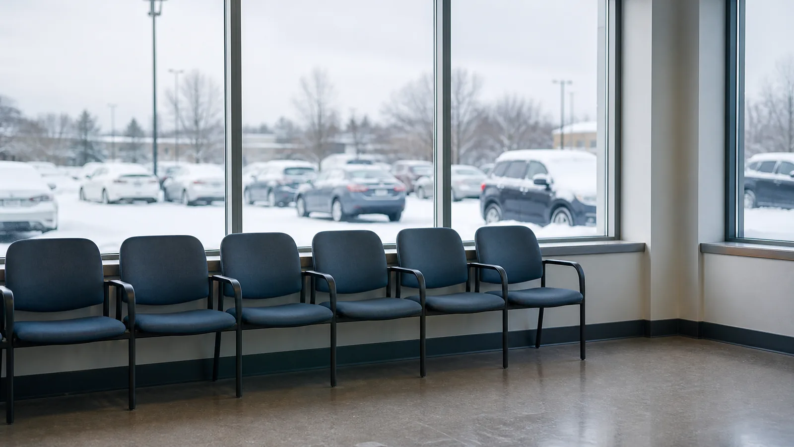 A plain waiting area with a row of empty seats beside a window looking onto a snow covered car park, no signage anywhere on the walls.