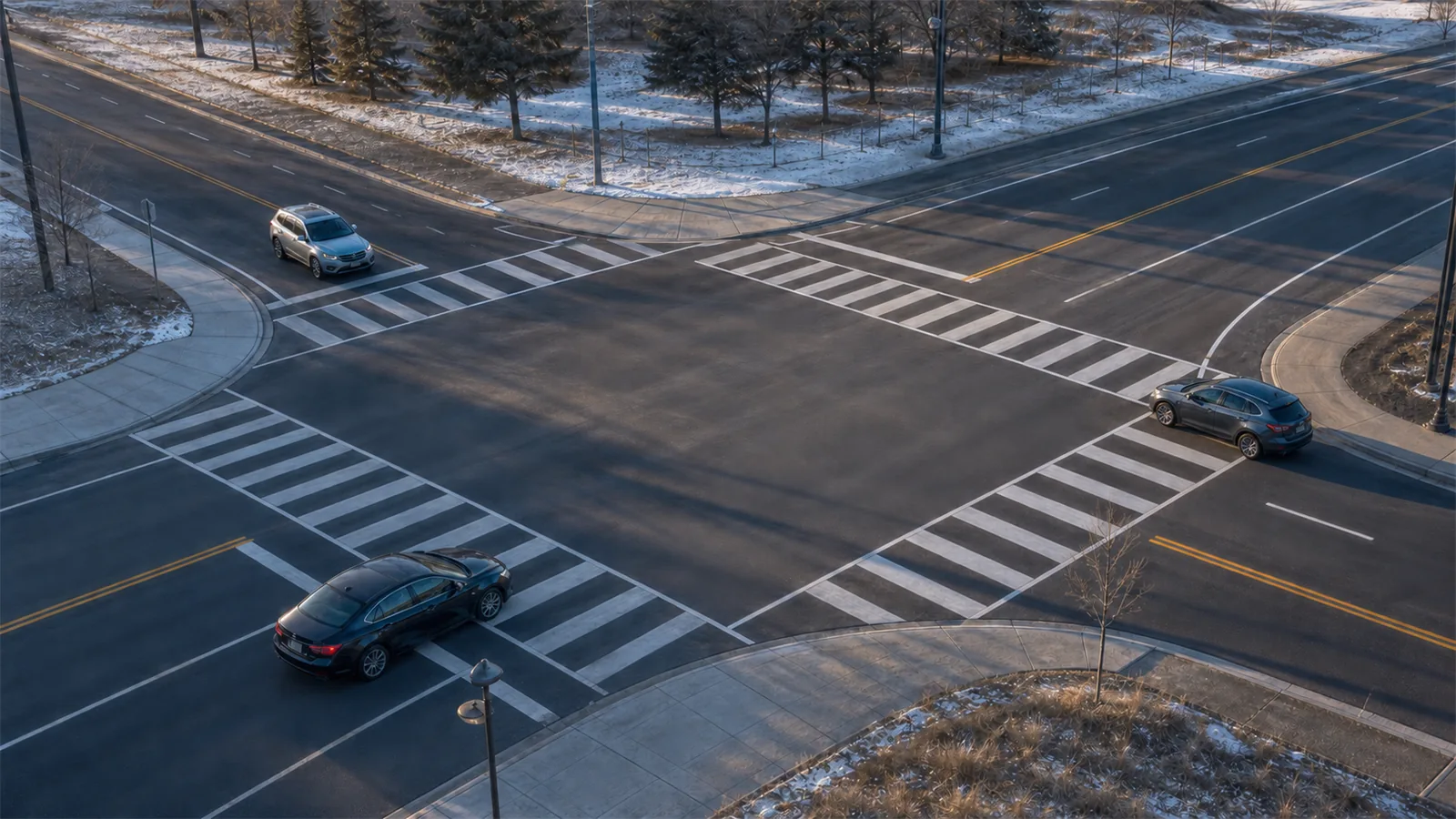 A four way intersection seen from above and to one side, lane markings and crosswalks clearly painted, three vehicles approaching from different arms in low winter sun.