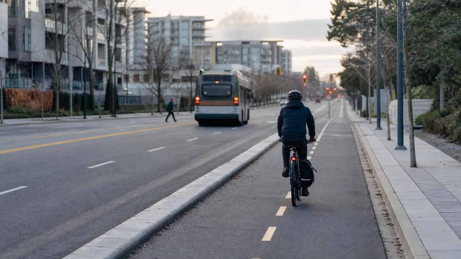A wide roadway with one cyclist riding in a marked bike lane, a bus pulling away in the middle distance and a pedestrian crossing further ahead.