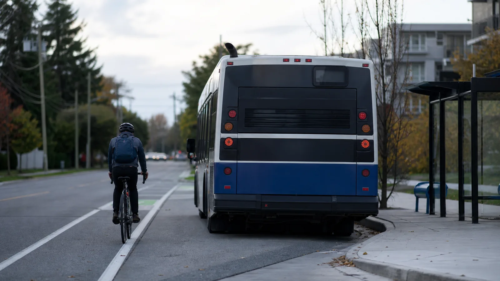 A city street with a transit bus stopped at a curb bulb and a cyclist passing to its left inside a painted lane, seen from behind at a distance.