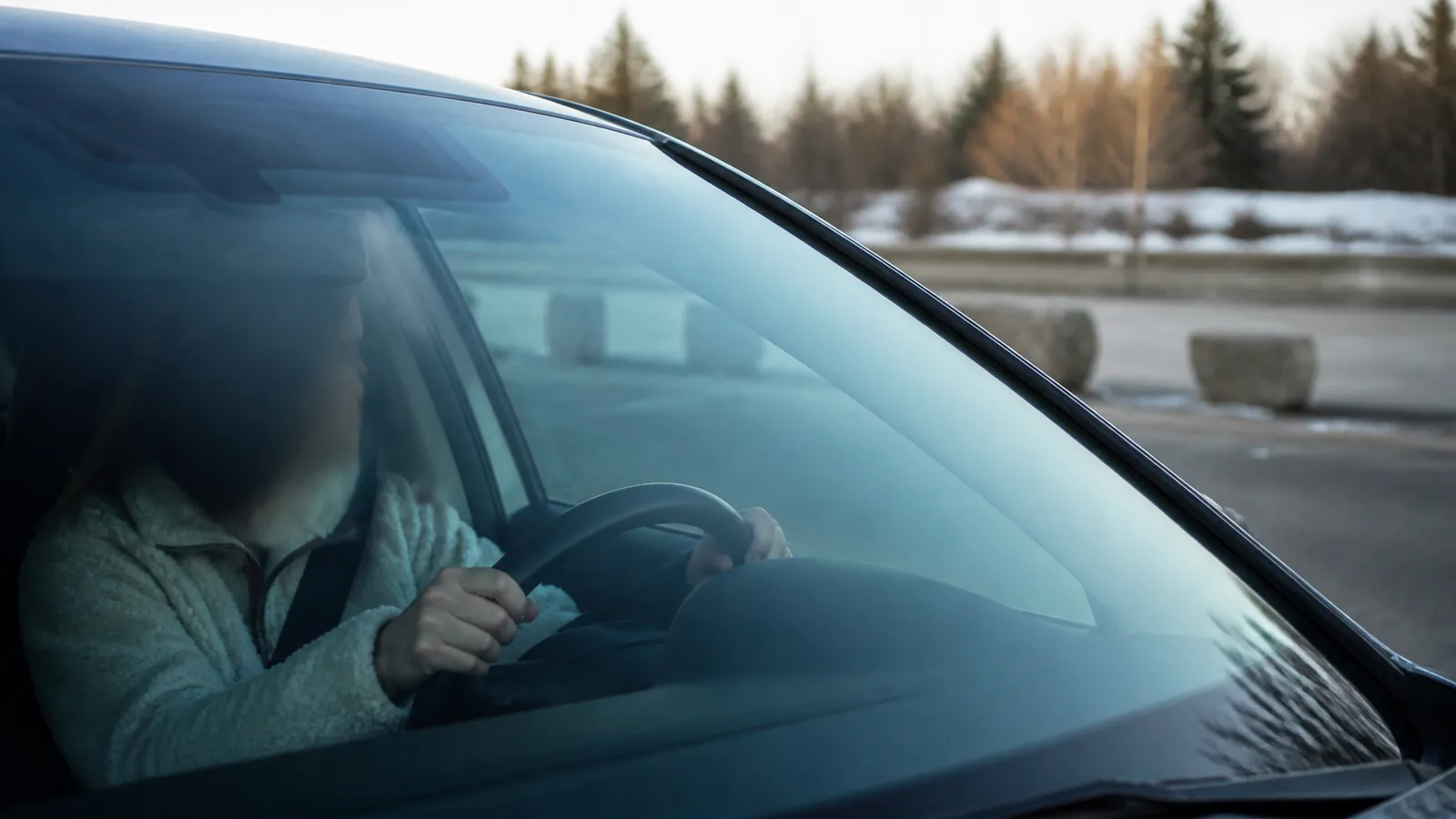 A learner in the driver seat of a parked car with both hands on the wheel, shot from outside through the windscreen at an angle so the face is not readable.