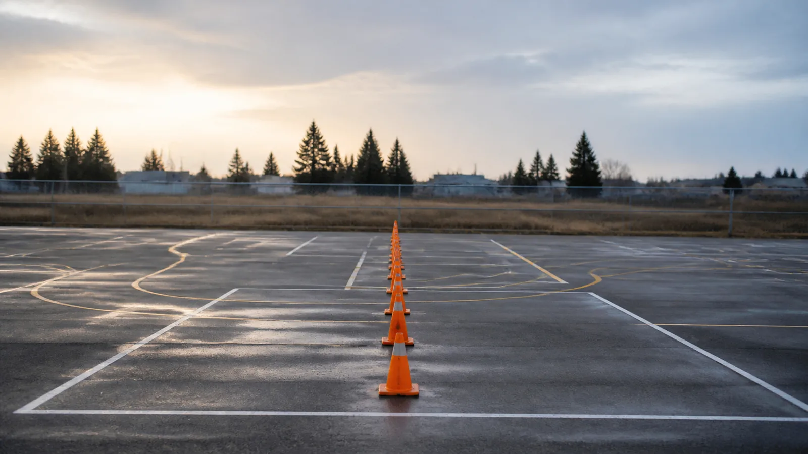 An empty practice lot with painted bays, a line of cones and a low fence at first light, with no vehicles anywhere on it.