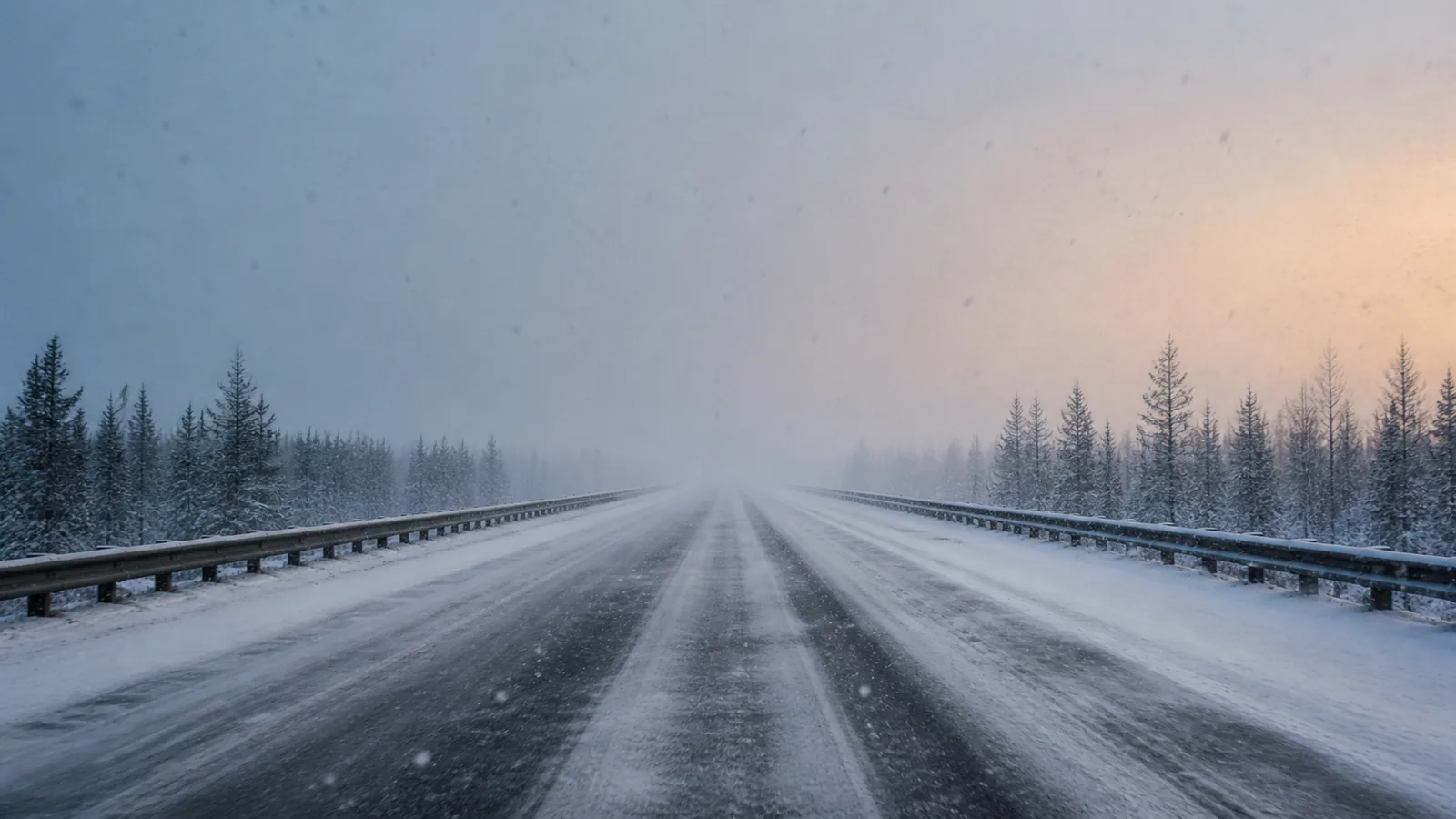 A highway in falling snow at dusk, the road ahead dissolving into white with the guardrail and the trees reduced to dark strokes on either side.