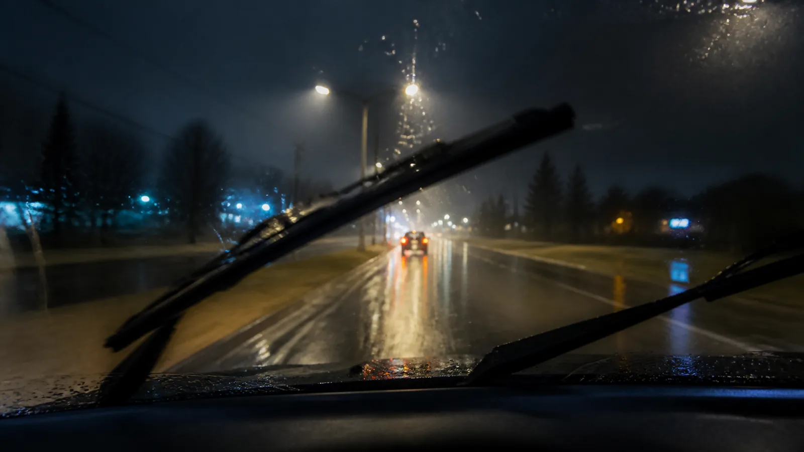 A driver view of a rain soaked road at night, water sheeting across the surface and reflected light smeared over it, the wipers caught mid sweep.