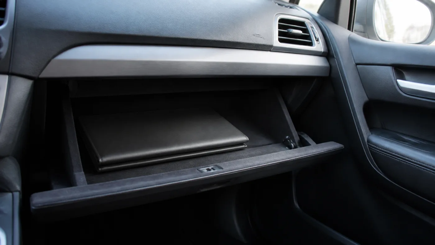 An open car glovebox with a plain unmarked document wallet inside it, shot from the passenger side in daylight through the window.