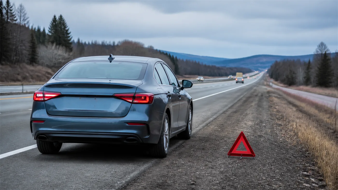 A car stopped on a wide highway shoulder with the bonnet closed and a warning triangle set well back from it, nobody in frame.