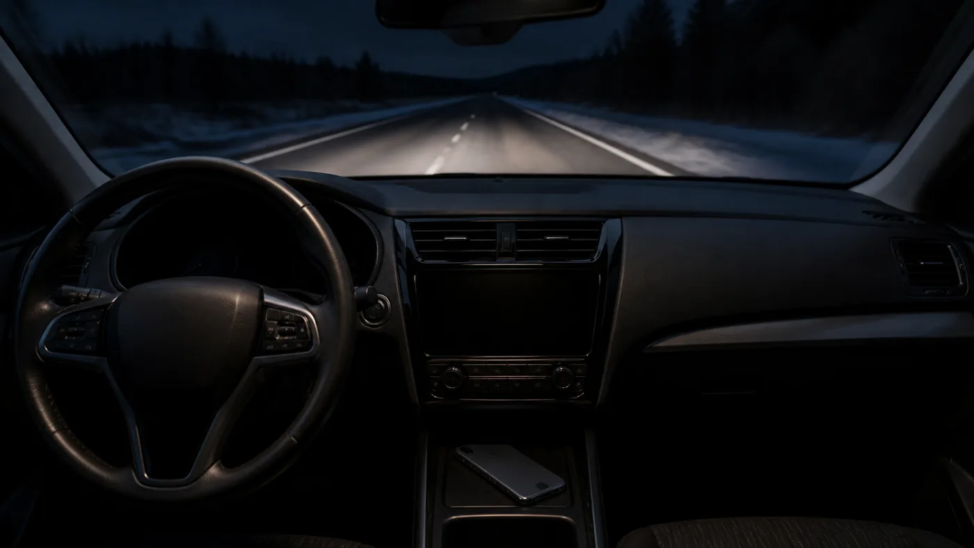 A dashboard and steering wheel at night with a phone lying face down in the centre console, the road ahead dark and empty through the windscreen.