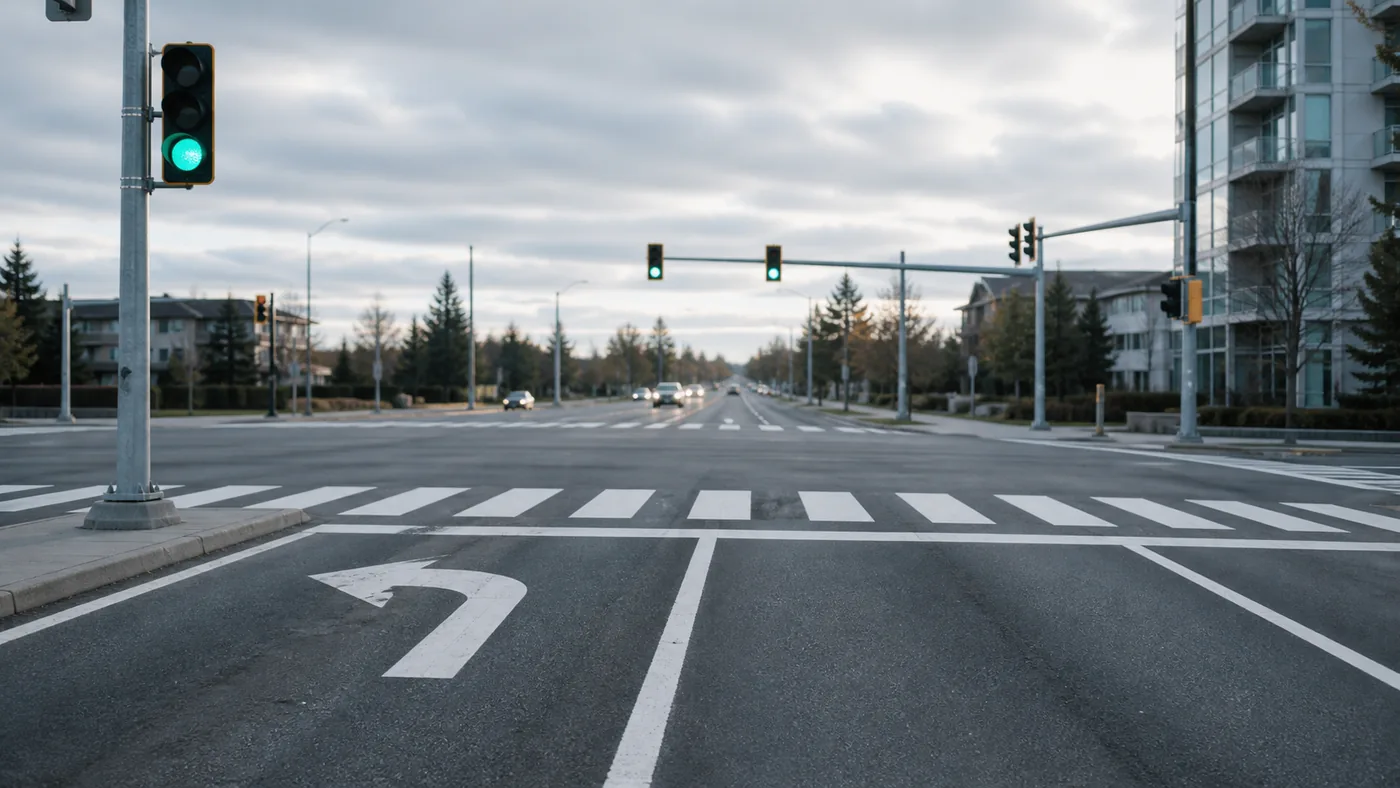 A signalled intersection with a marked advance left turn lane and a painted crosswalk, seen from the waiting driver position with a green light ahead.