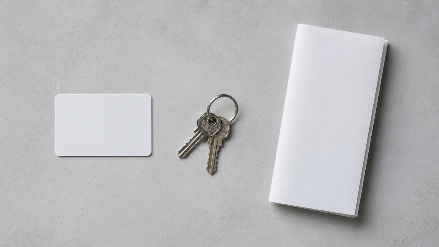 A blank card, a set of keys and a folded blank leaflet laid out evenly on a pale surface and shot square from above.