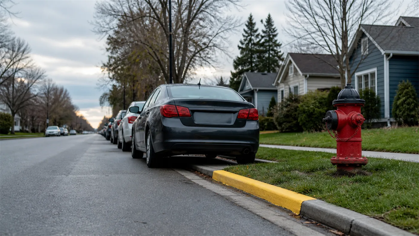 A residential street seen along the curb line, cars parked parallel to it with a fire hydrant on the verge and a painted section of curb.