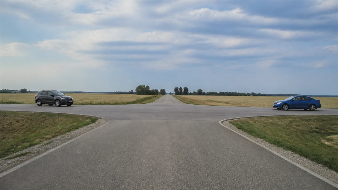 An uncontrolled rural crossroads with sight lines open across low fields, two vehicles approaching from different arms at a distance.