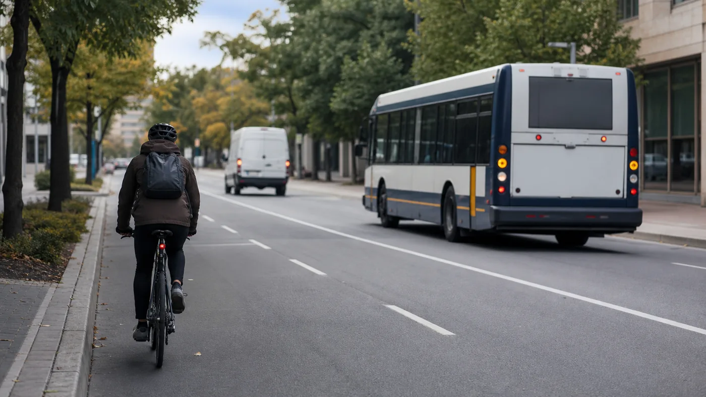 A wide street where a cyclist, a bus and a delivery van share the space at different distances under calm midday light.
