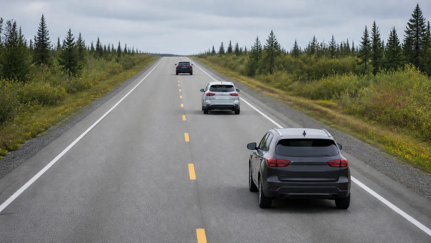 Three vehicles spaced along a two lane highway, seen from behind and above so the gap between each of them is plain.