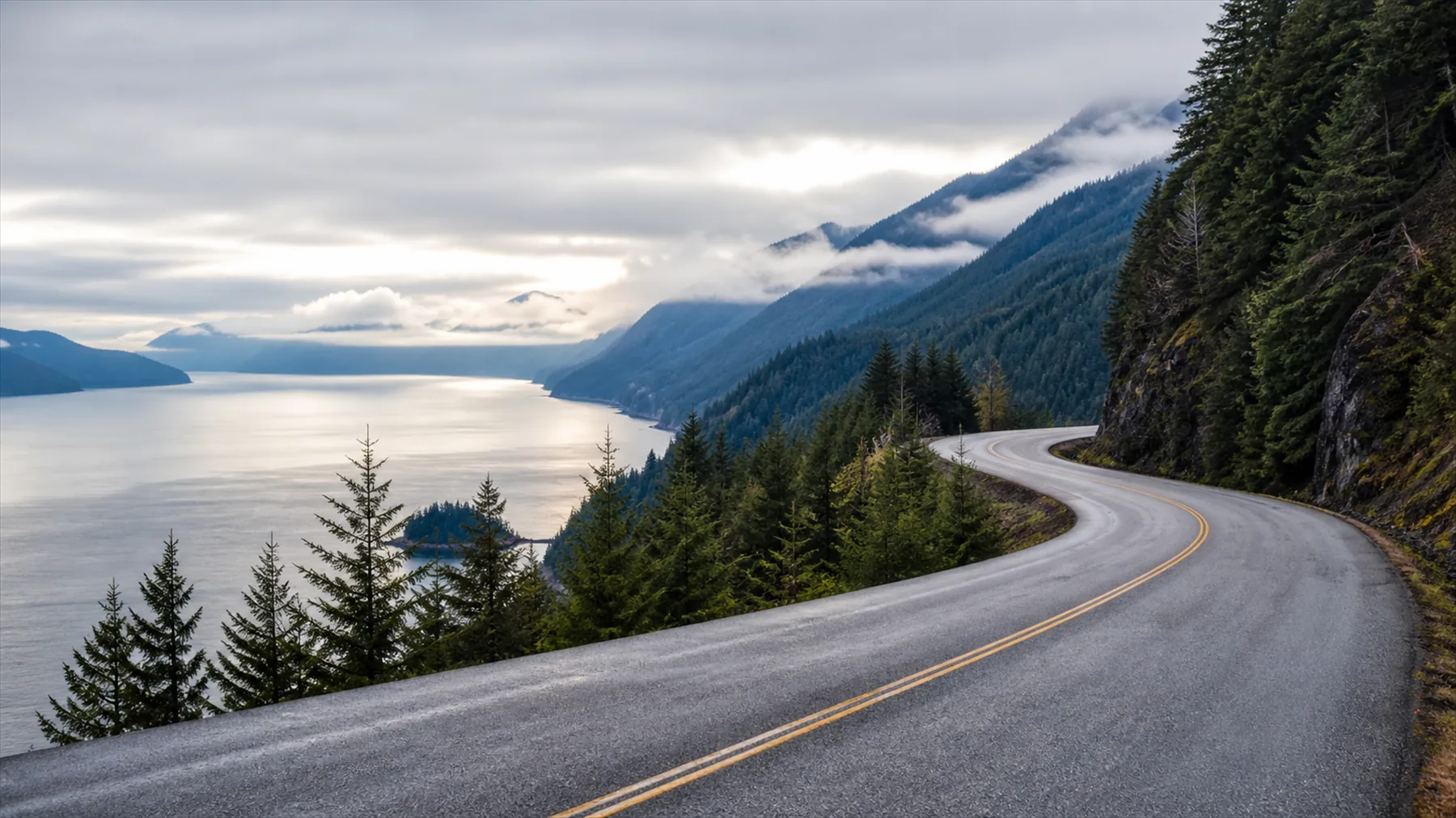 A coastal highway curving along a forested mountainside above a pale inlet, with layered ridges fading into haze and low cloud sitting in the valley.