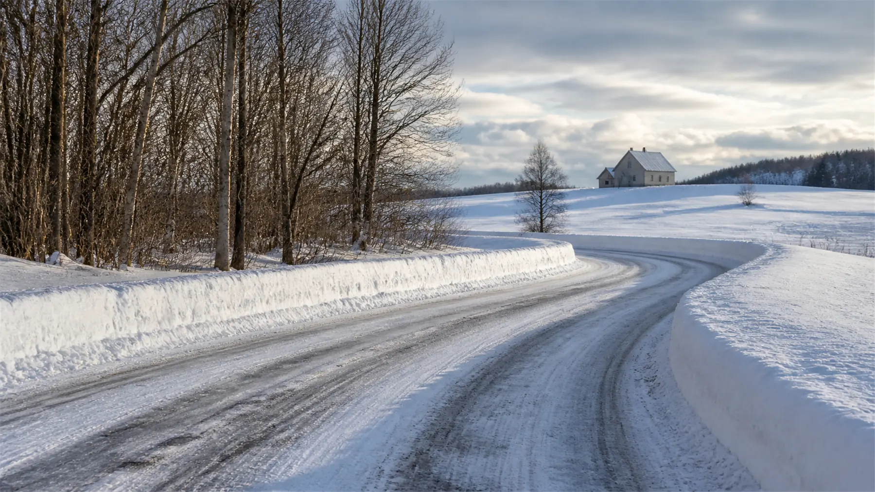 A snow covered road curving through rolling hills past a stand of bare hardwoods, with the steep tin roof of a single farmhouse in the distance and snowbanks cut sharp by a plough.