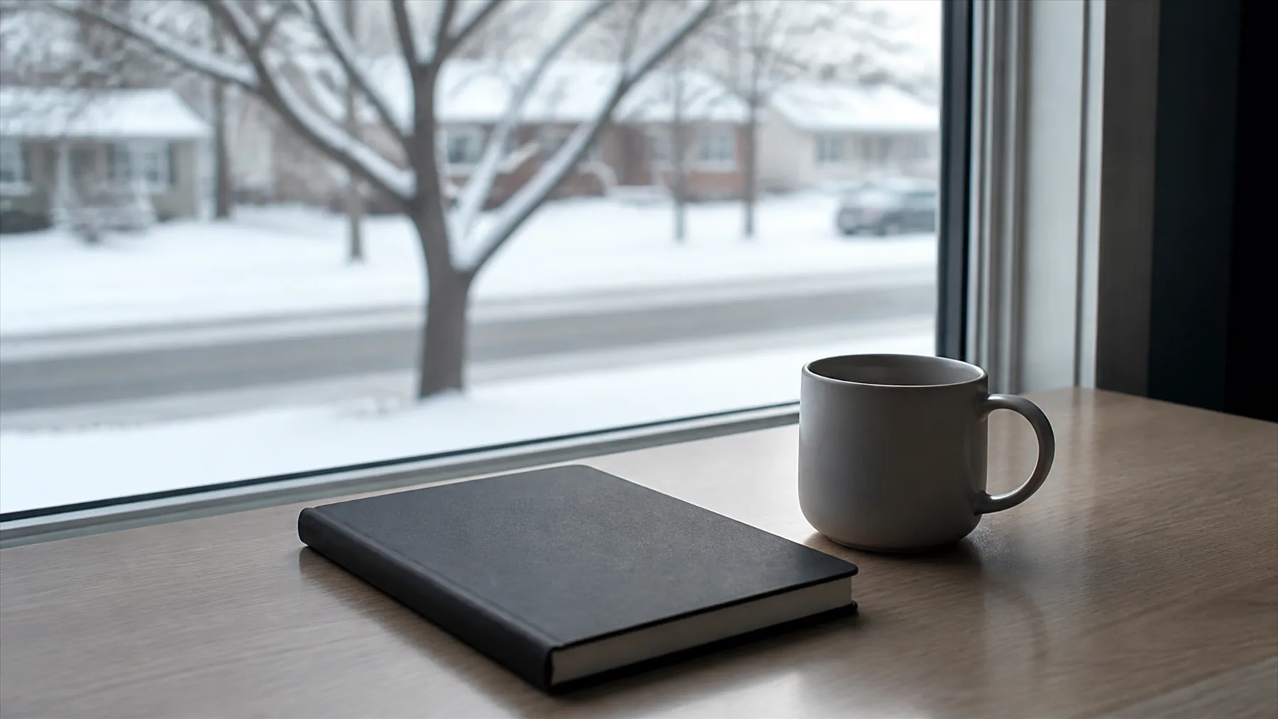 A closed notebook and a mug on a desk beside a large window, looking out on a snow covered street with a bare tree and a road beyond.