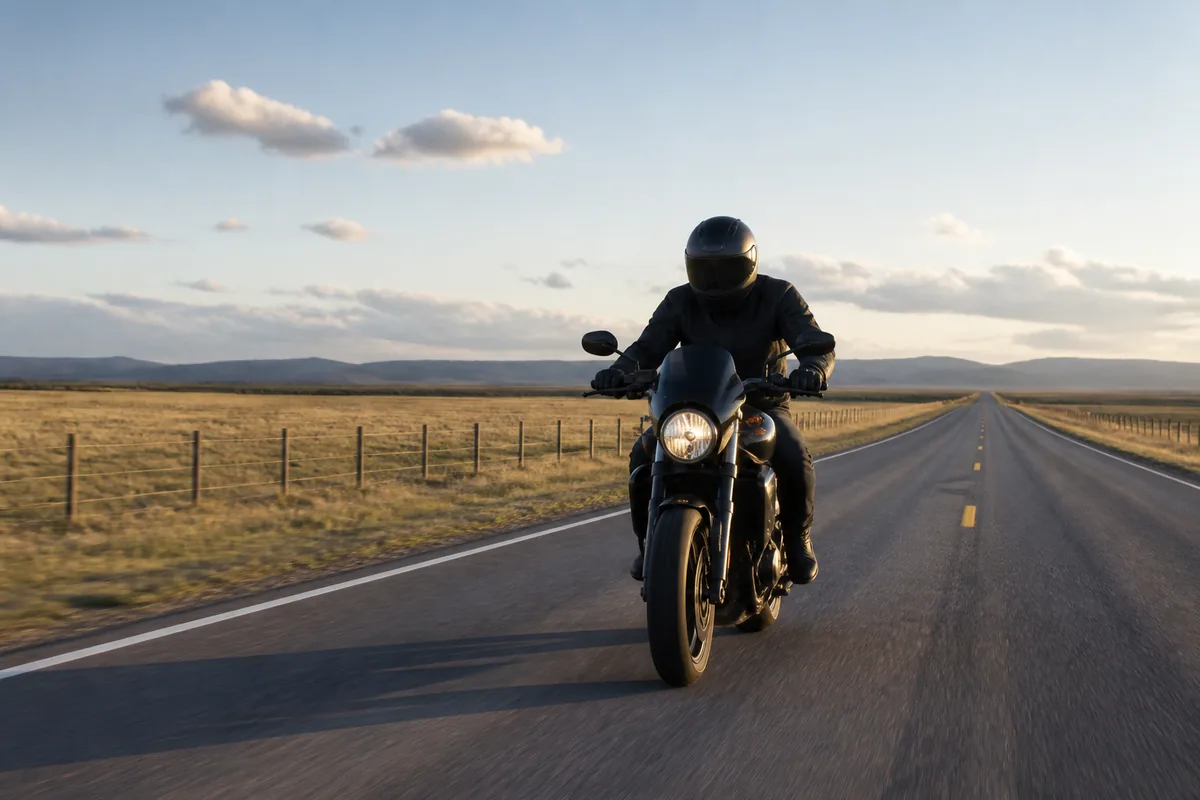 A motorcycle on a straight secondary highway between fenced fields, foothills low on the horizon under warm evening light.