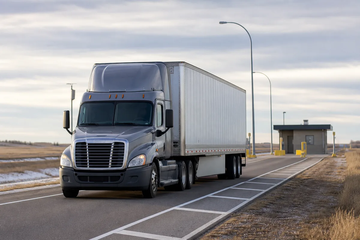 A tractor trailer on a weigh scale approach lane, wide painted lane markings on the asphalt and a low building set well back from the road.