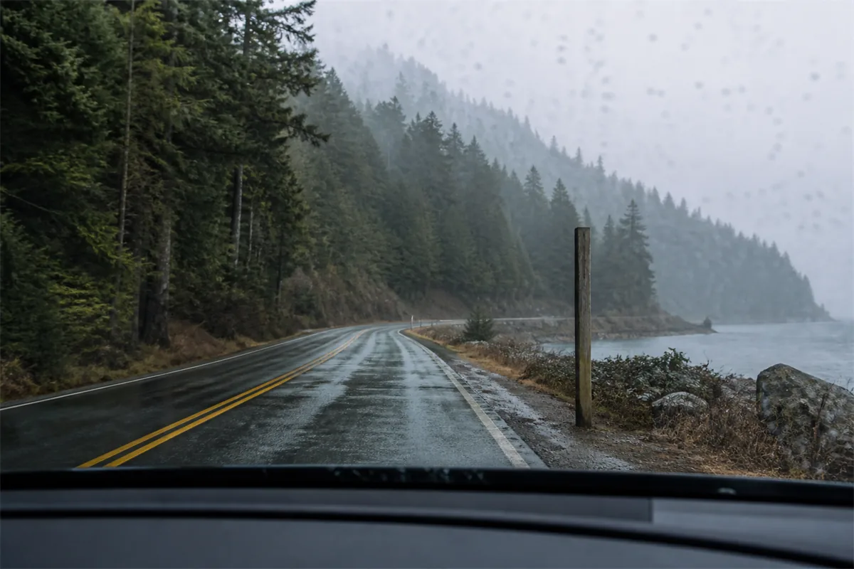 A driver view of a wet coastal highway with a chevron post ahead on the outside of a curve and cedar forest on both sides, mist hanging in the trees.