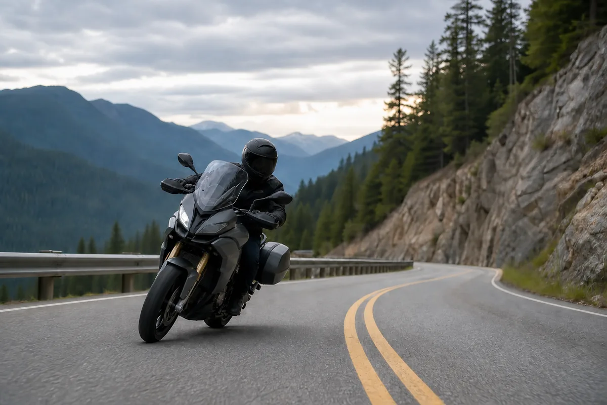 A motorcycle leaning through a broad sweeping bend on a mountain road, rock rising on one side and a barrier guarding the drop on the other.