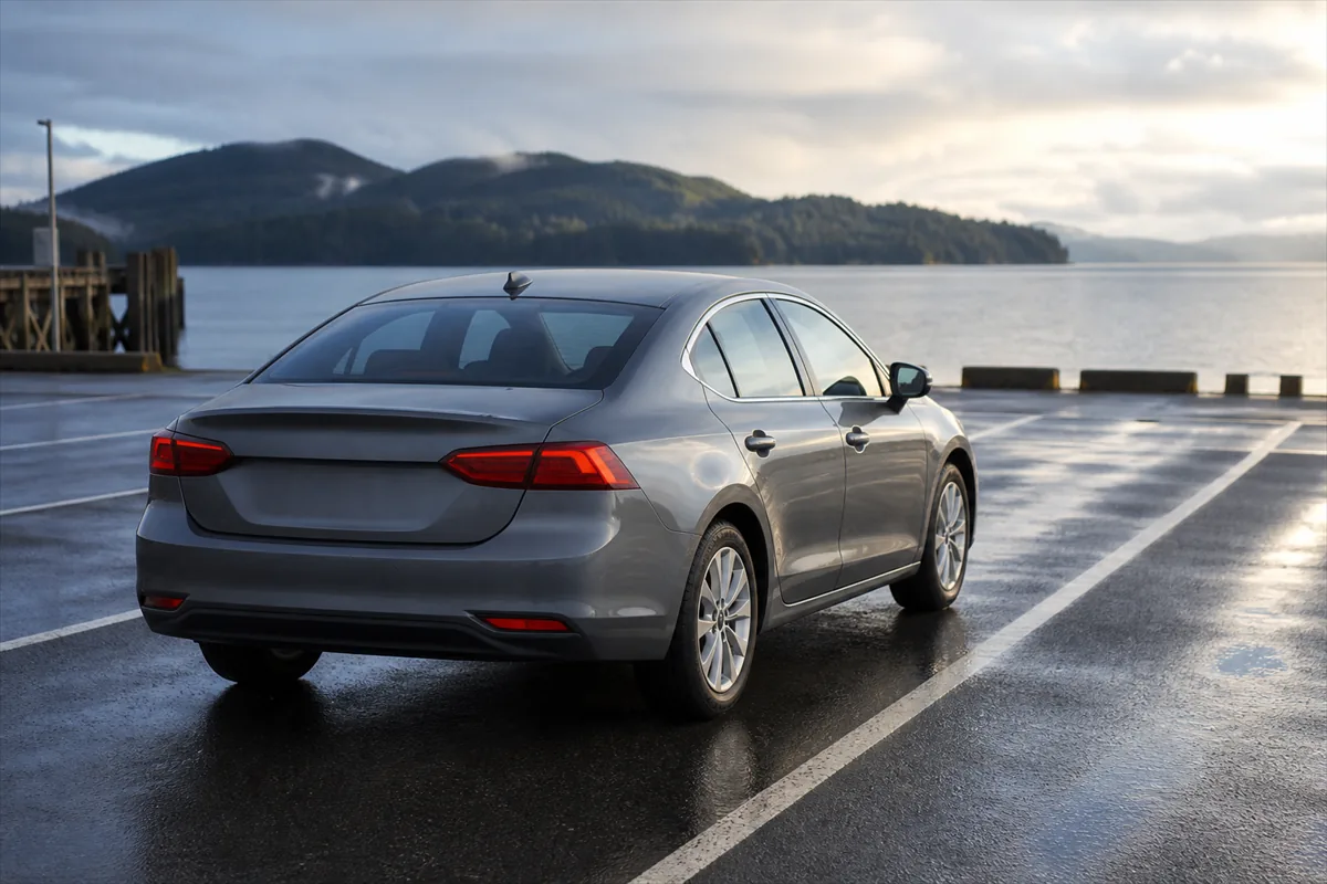 A plain sedan waiting in a ferry terminal holding lane in early morning, marked lanes on wet asphalt with water and low hills beyond.