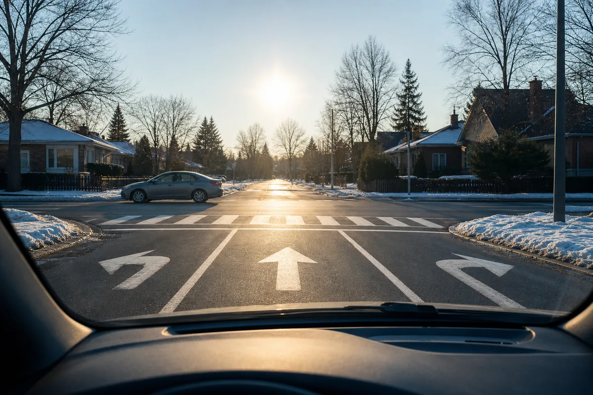 A driver view of a suburban four way intersection with painted lane arrows and a crosswalk, low winter sun ahead and one vehicle waiting on the crossing arm.