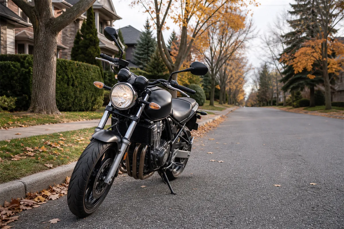 A motorcycle parked at the curb of a tree lined street in autumn, seen three quarters from the front with the road stretching away behind it.