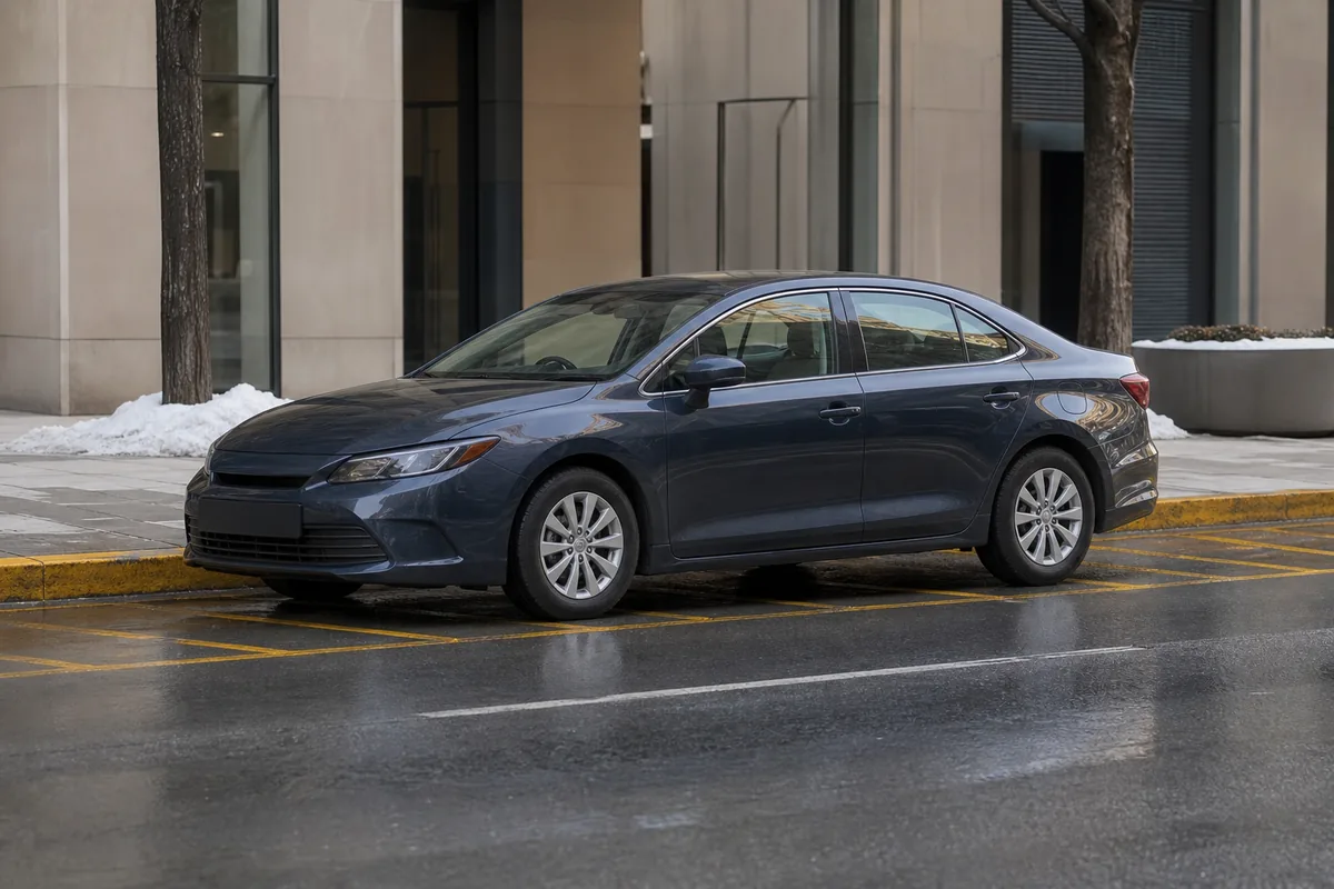 A plain sedan pulled to a downtown curb beside a marked loading zone in winter, seen from across the street with no roof advertising fitted.