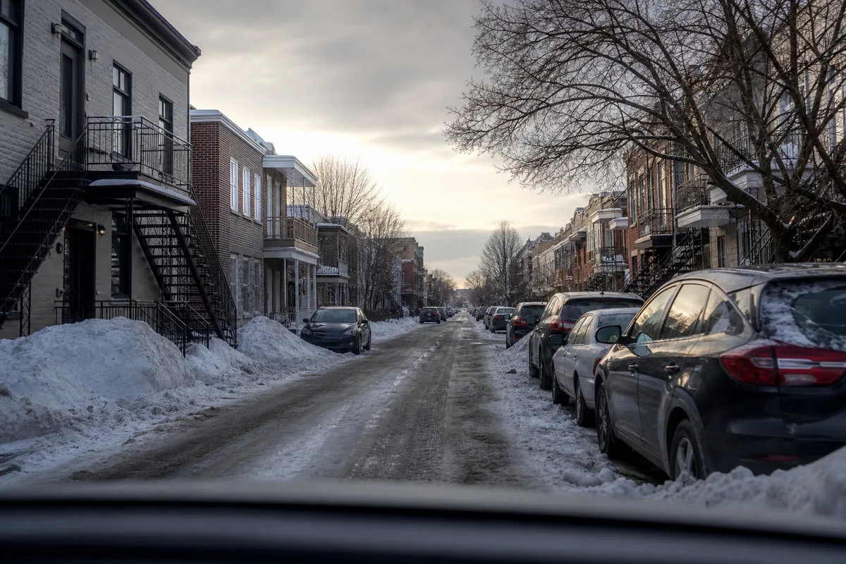 A driver view of a narrow street with cars parked on both sides and snowbanks packed between them, an exterior staircase climbing the front of a nearby building.