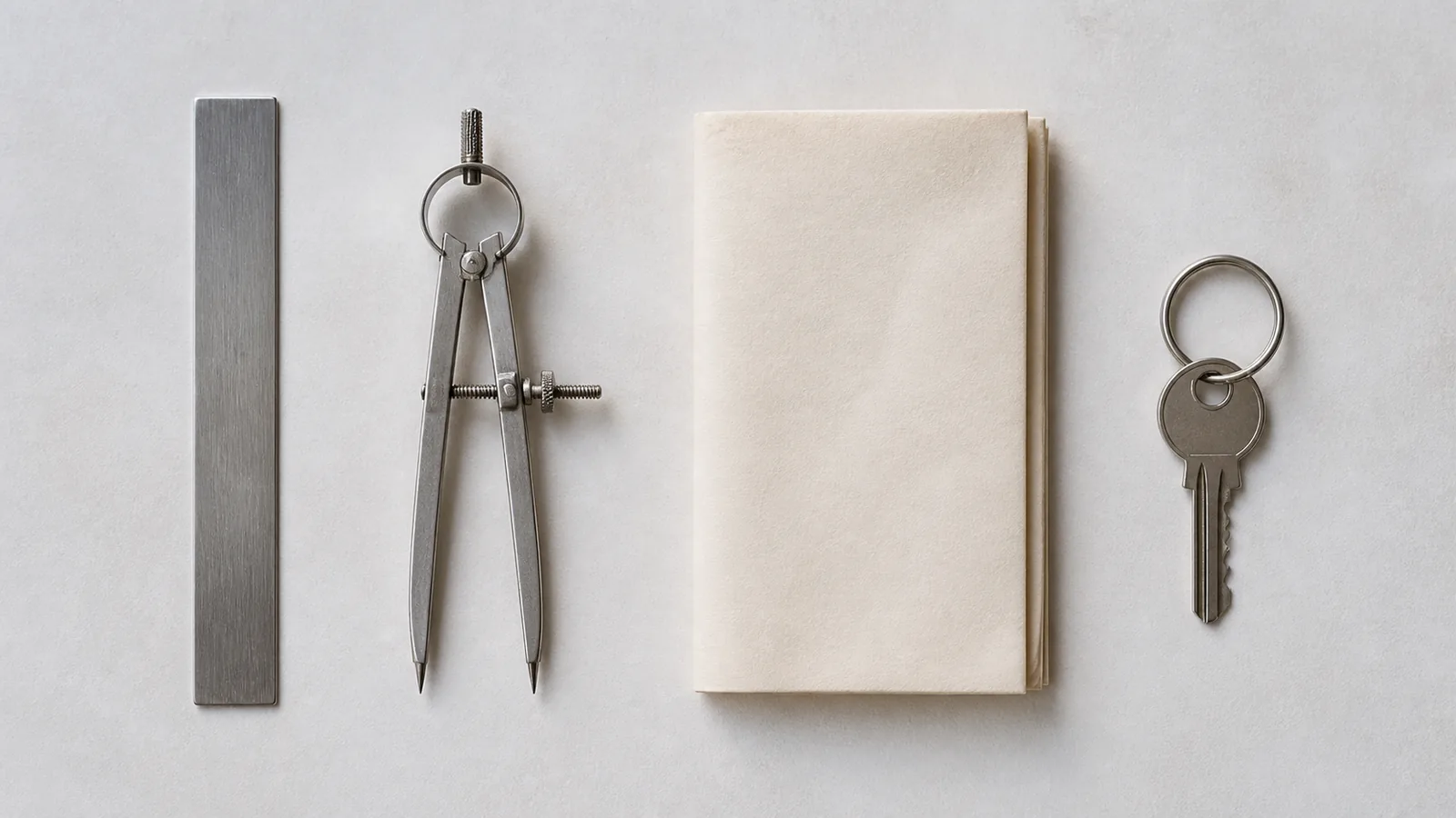 A steel rule, a set of dividers, a folded blank map and a key on a ring, arranged flat and evenly spaced on a pale surface.